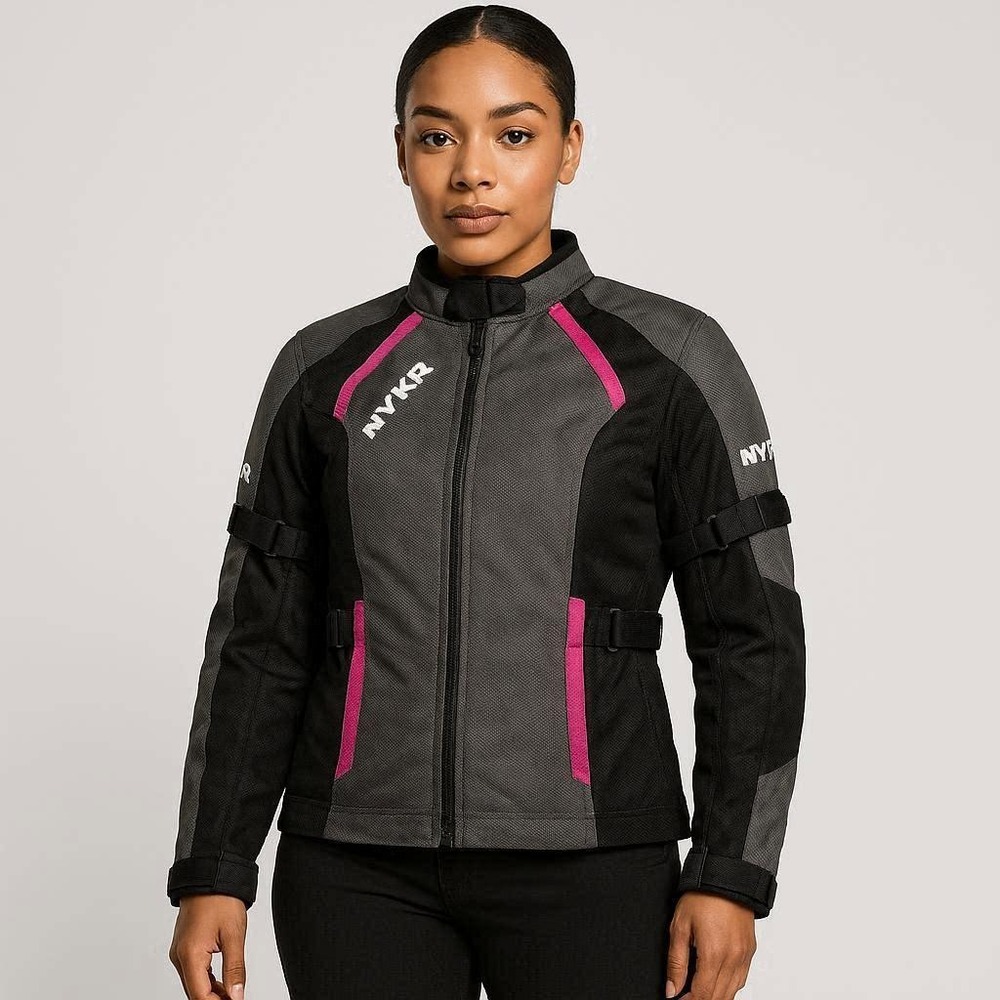 BYKR Womens Motorcycle Riding Jacket Black Grey Pink Reflective Padded Mesh L